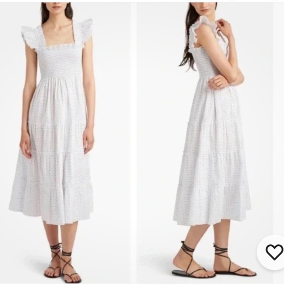 Hill House Ellie Nap Dress Swiss Dot White Blue Smocked Tiered Midi L - Picture 2 of 9